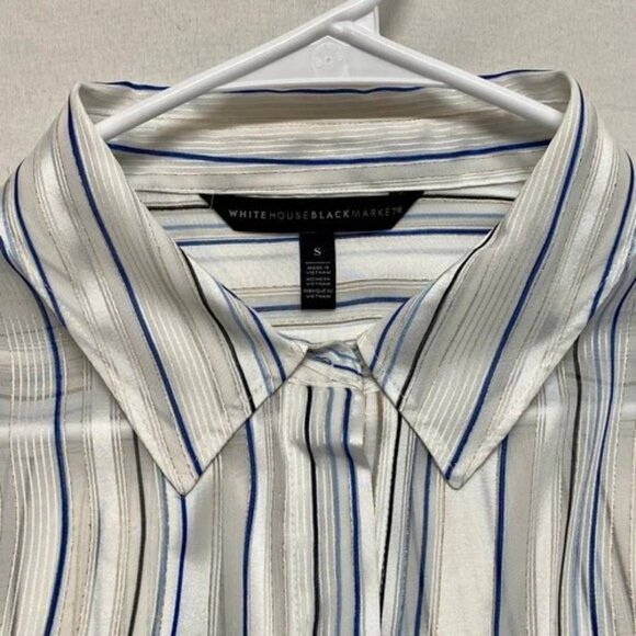 White House Black Market Blouse Women's Small Blue Metallic Stripe Semi Sheer - Picture 8 of 13